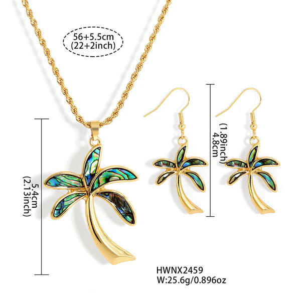 Hawaiian Abalone Palm Tree Earring and Necklace Set