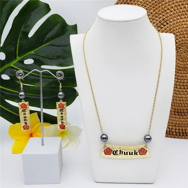 Engraved "Chuuk" Earrings and Necklace Set