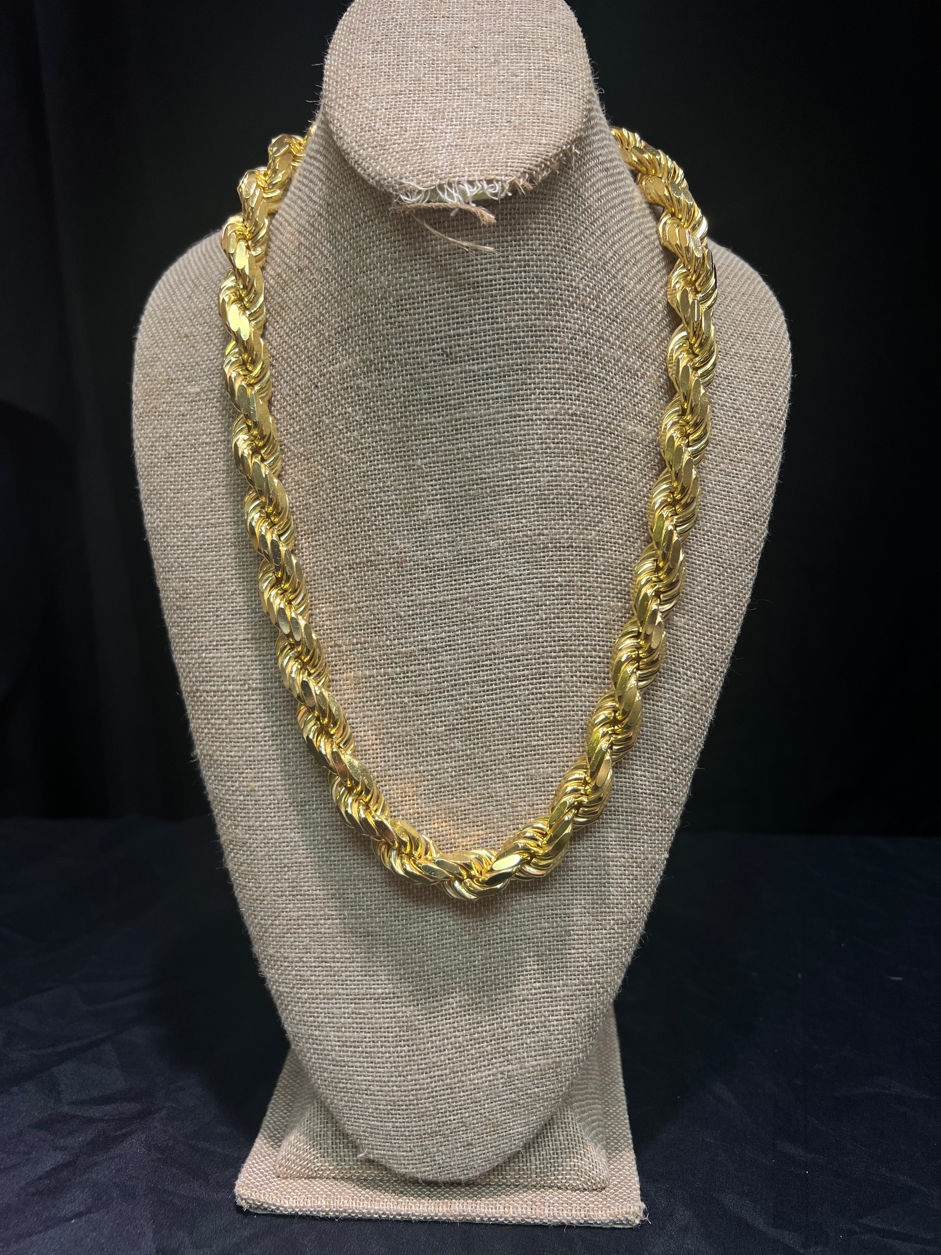 925 Sterling Silver 14k Gold Plated Diamond Cut Rope Chain 14mm 26”